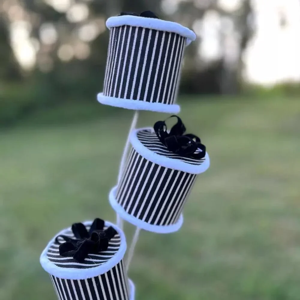 Black and White Striped Round Present Packages Spray Stem Christmas Pick
